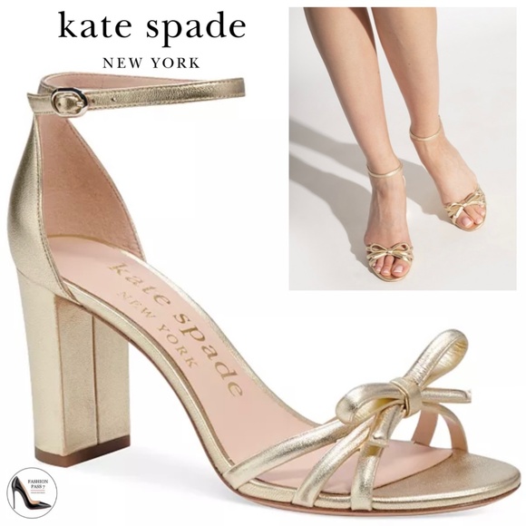Kate Spade Flamenco Gold Leather Block High Heel Sandals Ankle Strap Heels 9.5 - Picture 1 of 14